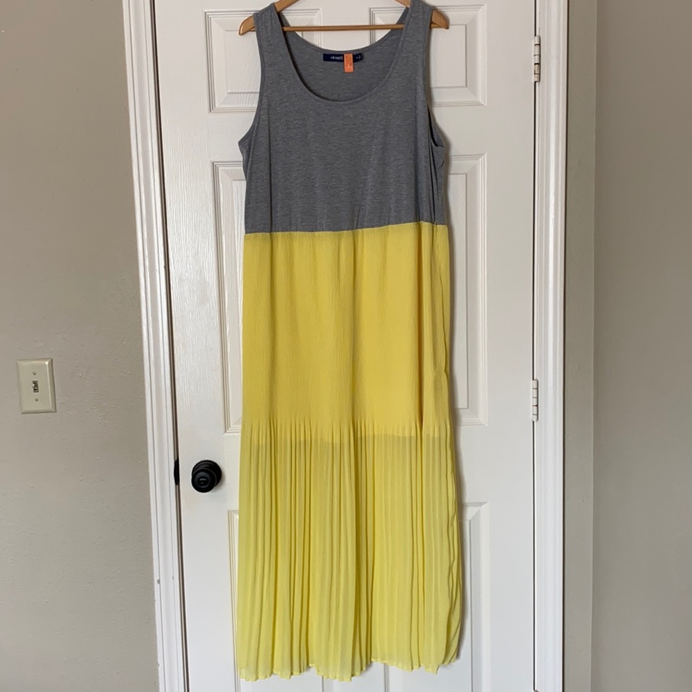 Eloquii Grey and Yellow Chiffon Pleated Maxi Dress